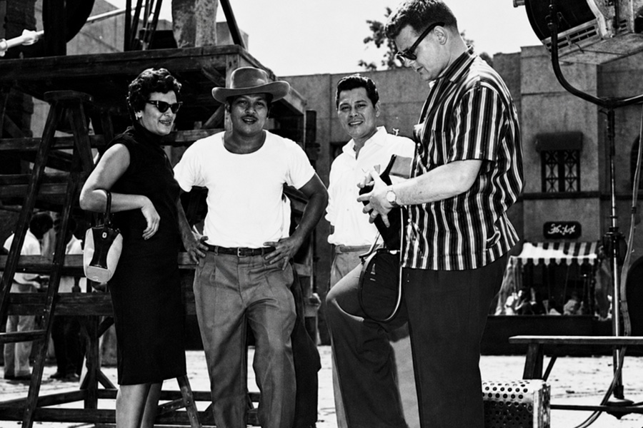 P. Ramlee, Kwek Chip Jian, and Benny Hill on the set of Ali Baba Bujang Lapok