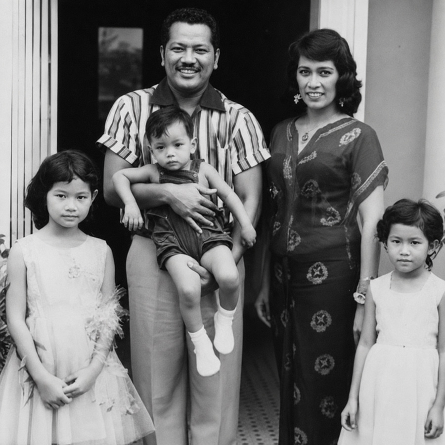 Norma, P. Ramlee carrying toddler Sazali, Noorizan, Betty
