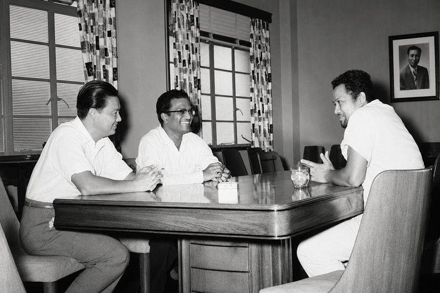 A. Amafuji, S. Ramanathan and P. Ramlee seated in the conference room at Shaw's Studios