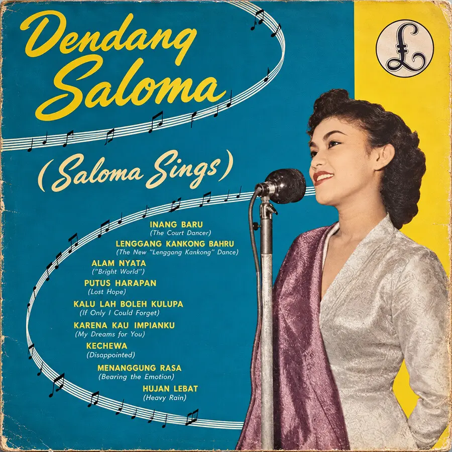 Illustrated record sleeve for the LP Dendang Saloma, showing Saloma at a microphone