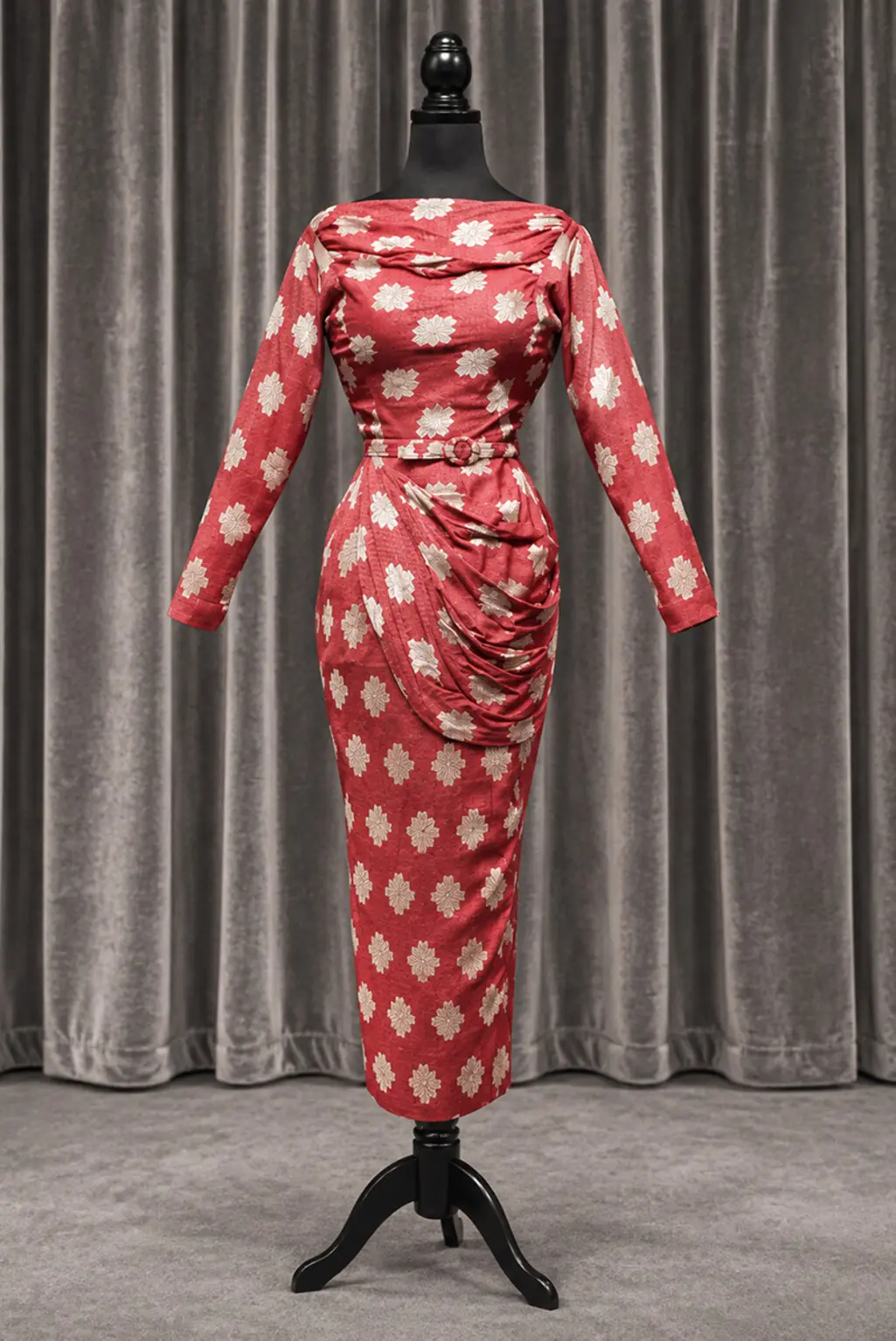 A red floral kebaya displayed on a mannequin, showing the tailored waist and bodice