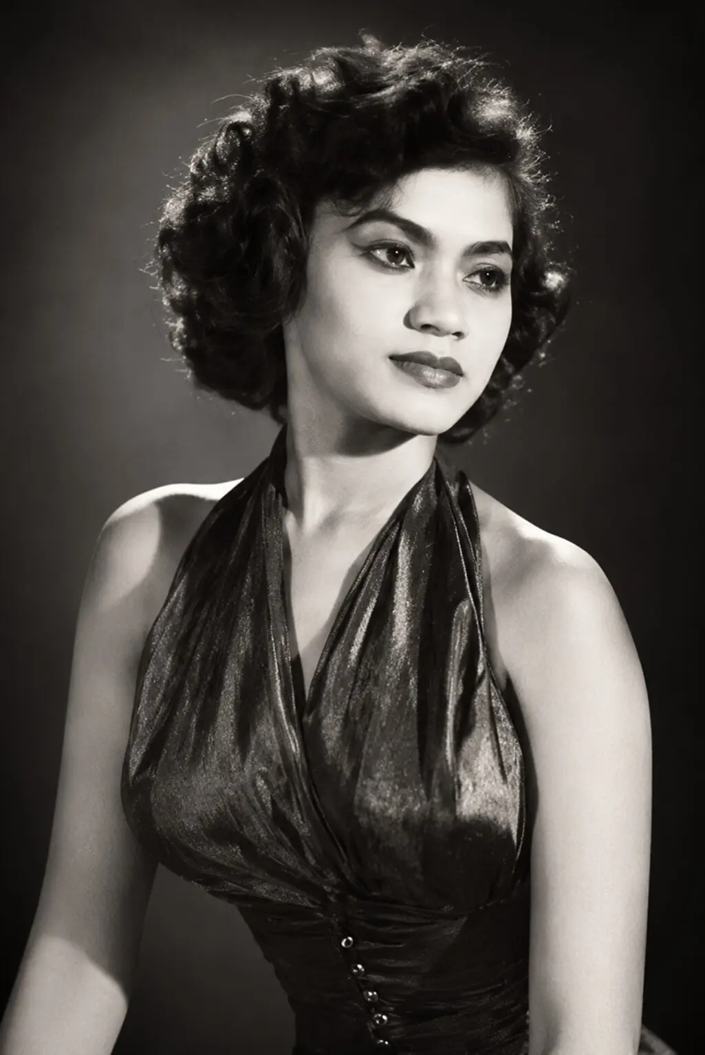 Black-and-white studio portrait of a young woman in a satin gown