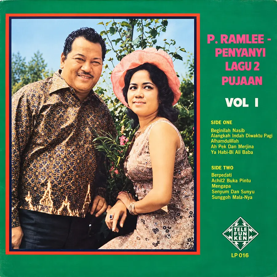 Colour record sleeve for P. Ramlee — Penyanyi Lagu2 Pujaan, Vol. 1, showing P. Ramlee and Saloma together in a garden setting